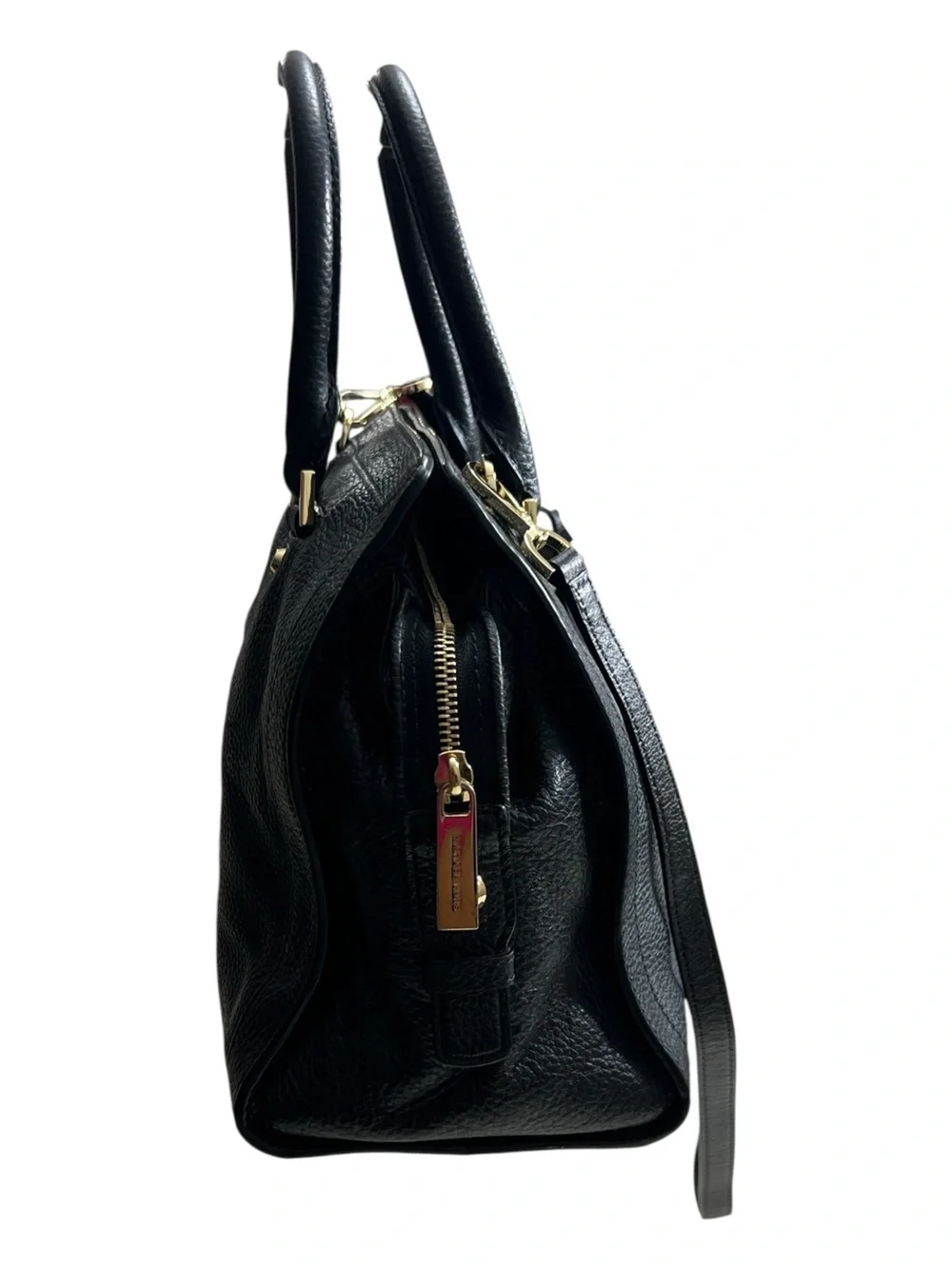 Michael Kors Black Leather Satchel with Gold MK Charm